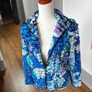 Elegant Blue and White Ruffled Cardigan